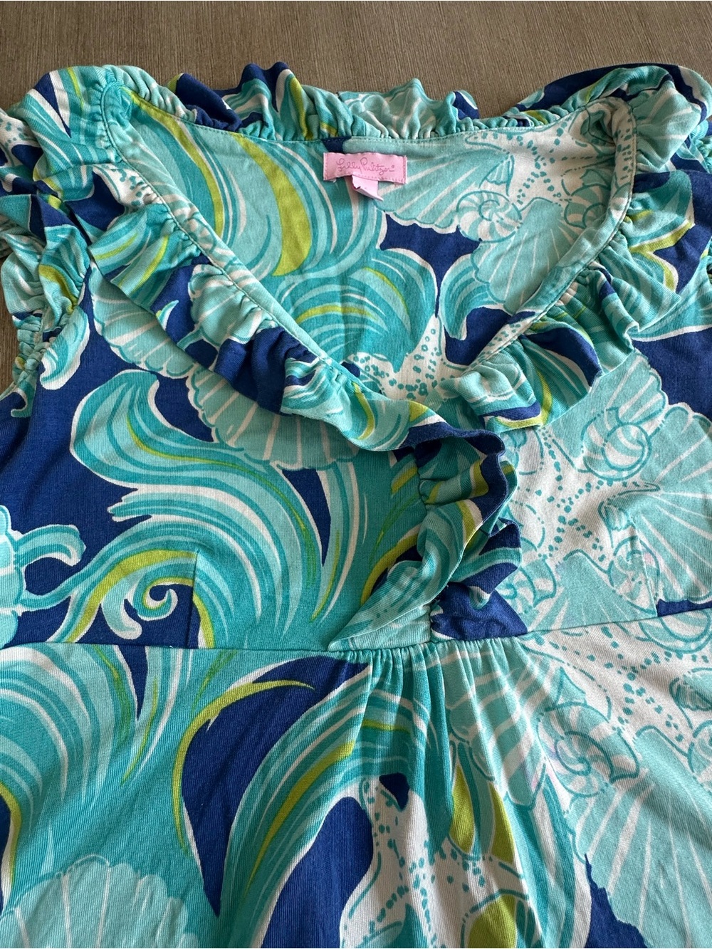 Lilly Pulitzer Aqua & Navy Floral Ruffle V-Neck Midi Dress - Picture 4 of 7